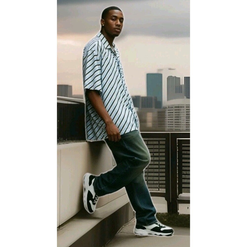 3XL Striped Button Down Shirt White Blue Gold, Fubu x Sean John, Embroidered